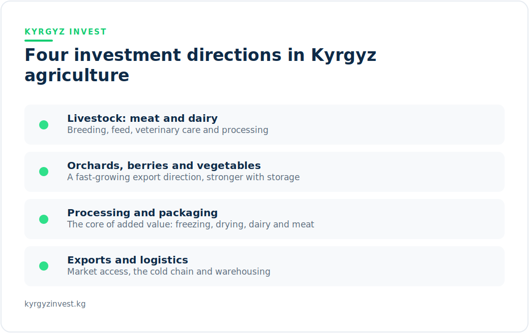 Four investment directions in Kyrgyz agriculture: livestock, orchards and berries, processing, and exports
