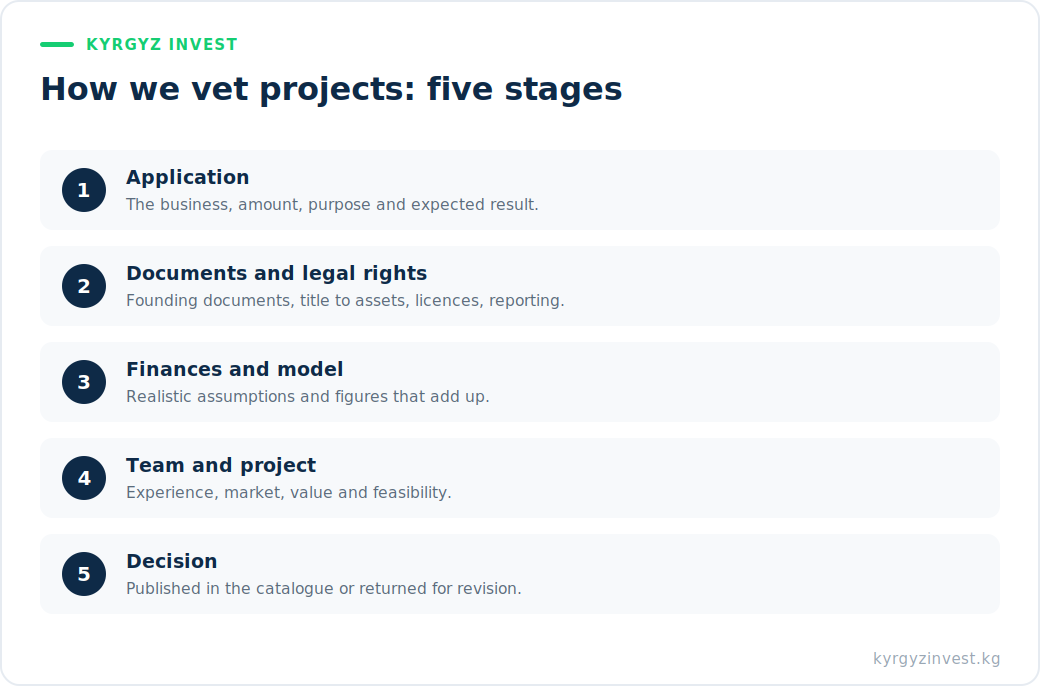 How Kyrgyz Invest vets projects: application, documents, finances, team, decision